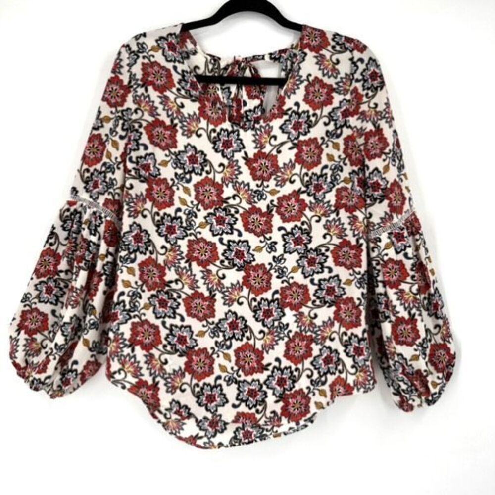 Rose + Olive floral blouse peasant balloon sleeve top size medium White &‎ Red